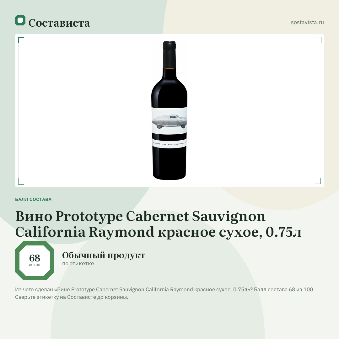 Вино Prototype Cabernet Sauvignon California Raymond красное сухое, 0.75л: балл состава 68 из 100 — Состависта