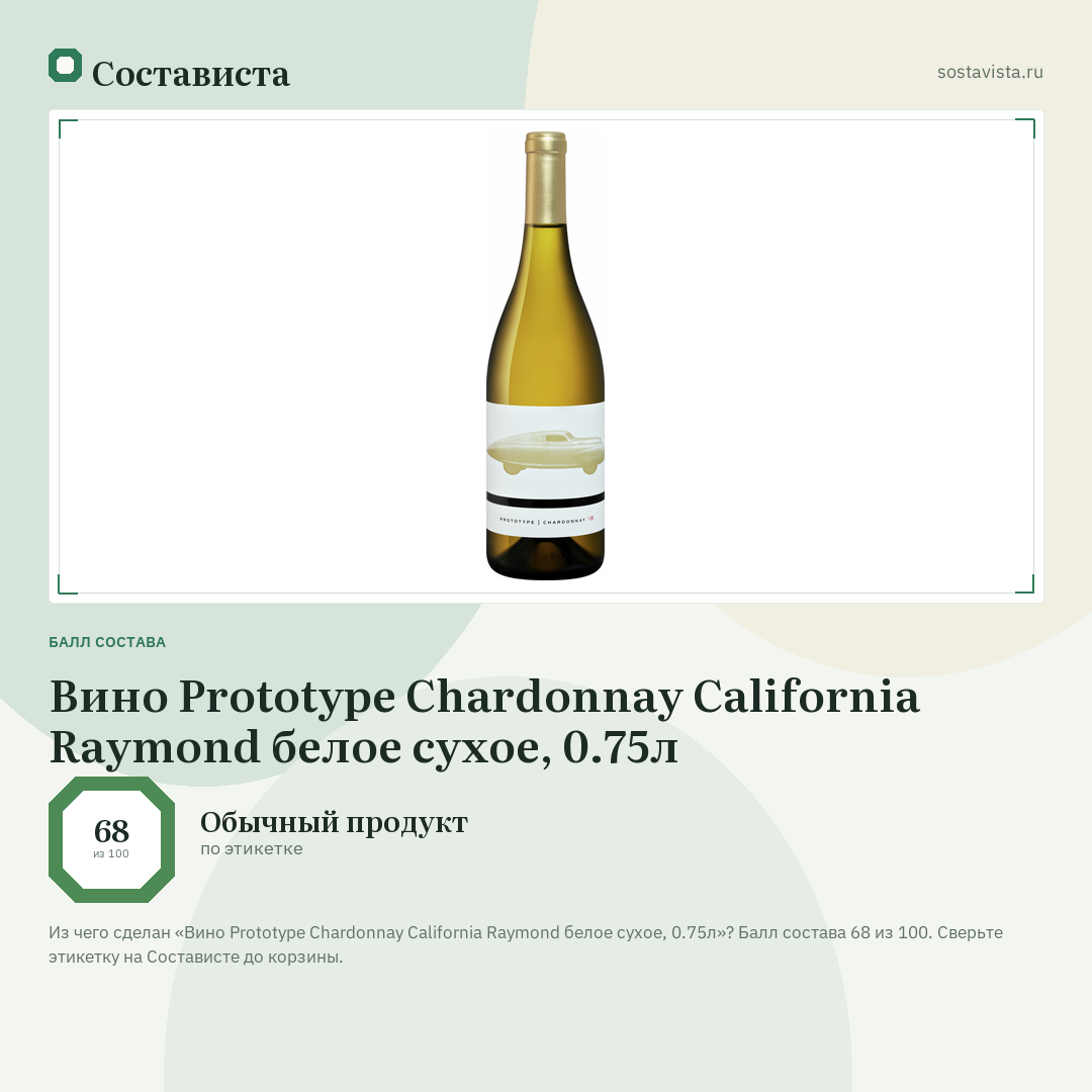 Вино Prototype Chardonnay California Raymond белое сухое, 0.75л: балл состава 68 из 100 — Состависта