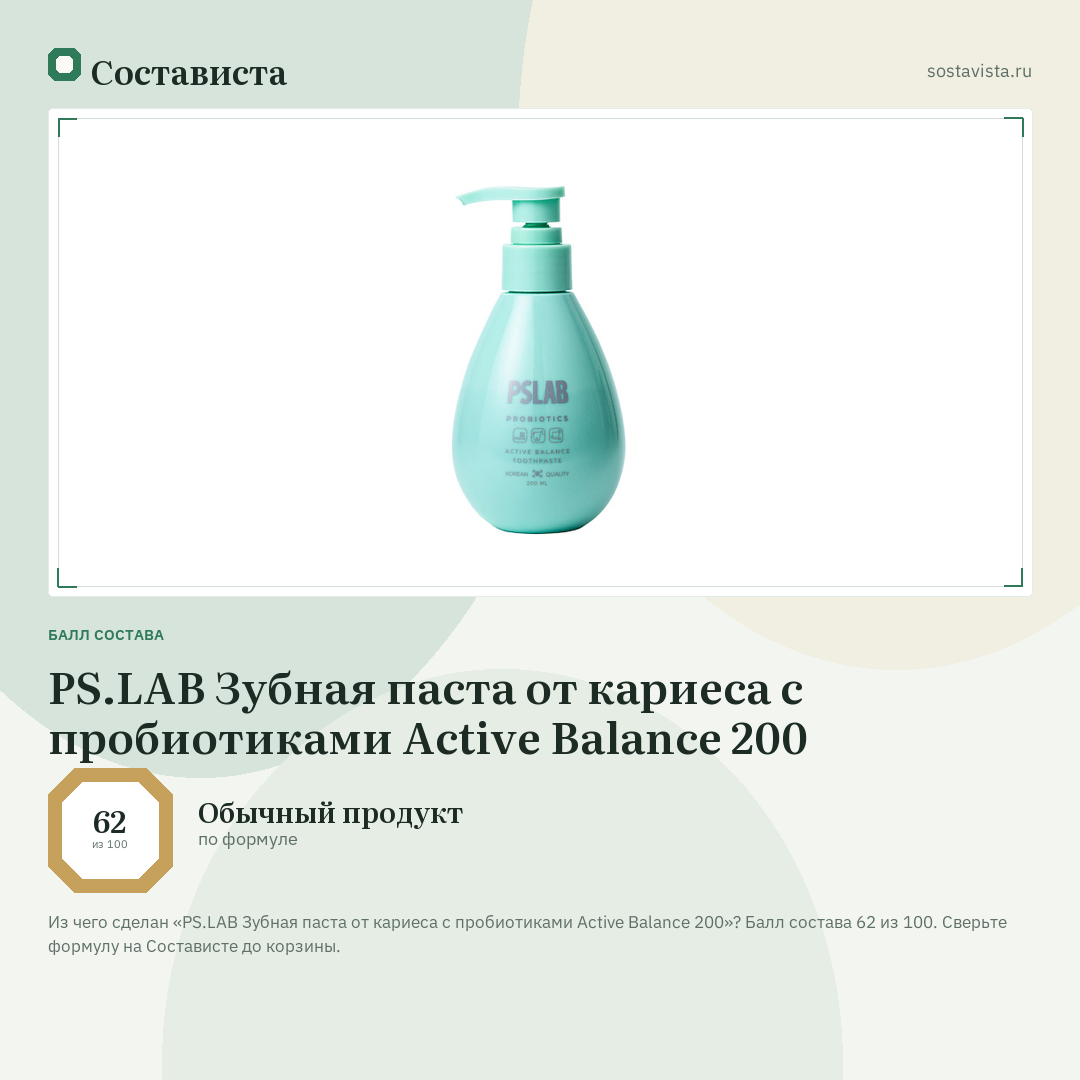 PS.LAB Зубная паста от кариеса с пробиотиками Active Balance 200: балл состава 62 из 100 — Состависта