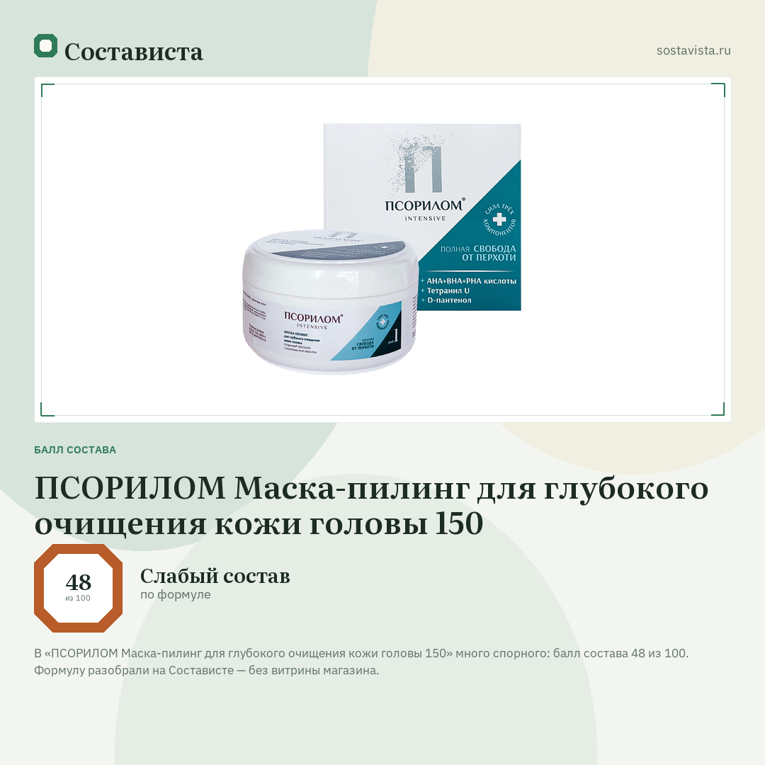 ПСОРИЛОМ Маска-пилинг для глубокого очищения кожи головы 150: балл состава 48 из 100 — Состависта