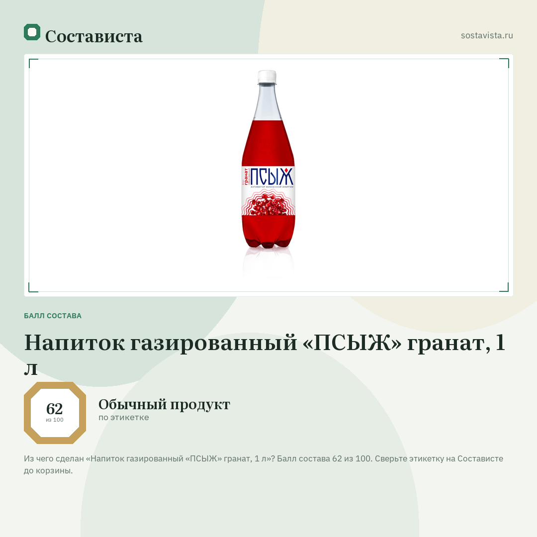 Напиток газированный «ПСЫЖ» гранат, 1 л: балл состава 62 из 100 — Состависта