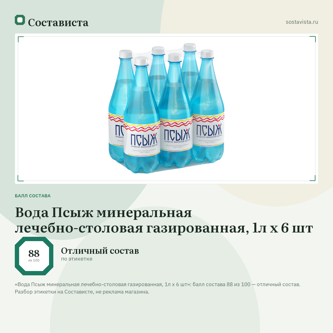 Вода Псыж минеральная лечебно-столовая газированная, 1л x 6 шт: балл состава 88 из 100 — Состависта