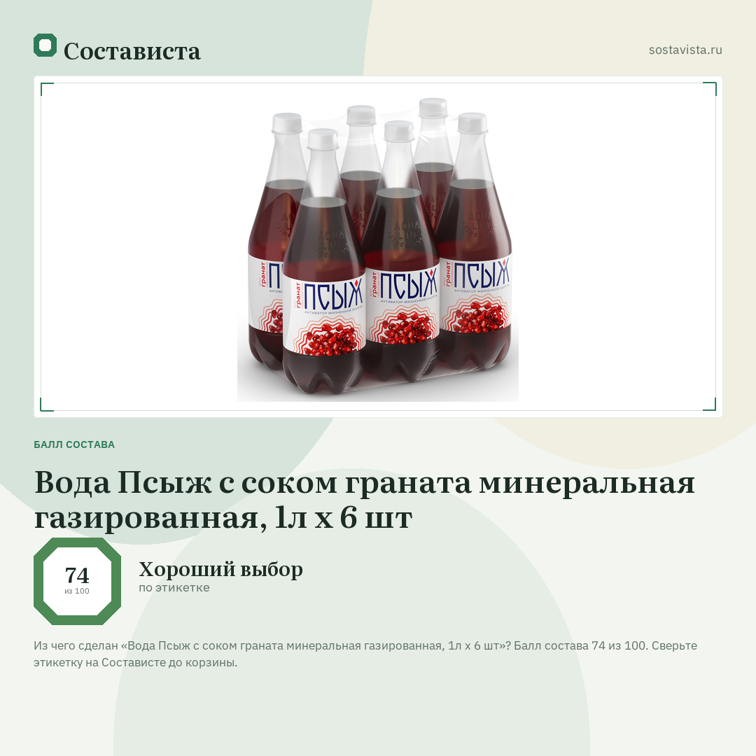 Вода Псыж с соком граната минеральная газированная, 1л x 6 шт: балл состава 74 из 100 — Состависта