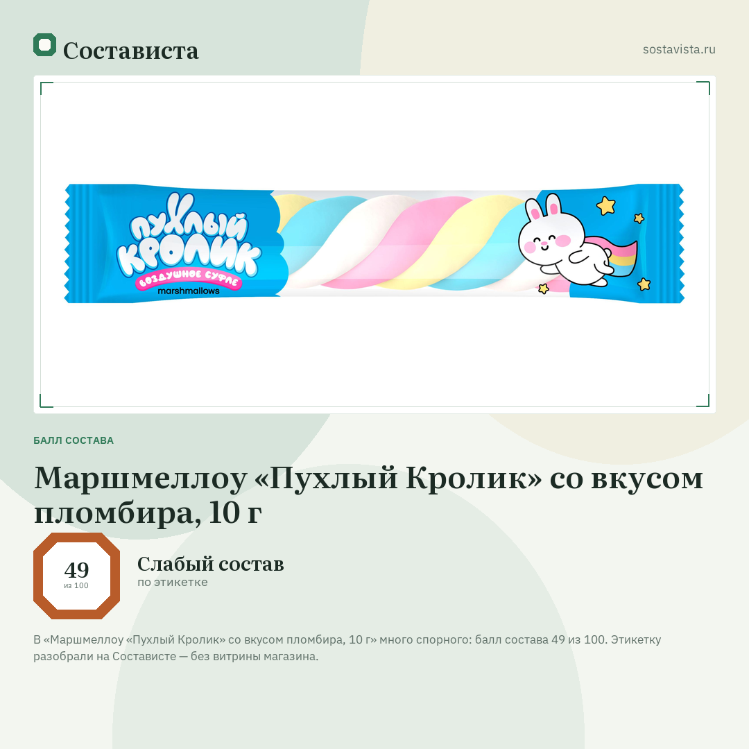 Маршмеллоу «Пухлый Кролик» со вкусом пломбира, 10 г: балл состава 49 из 100 — Состависта