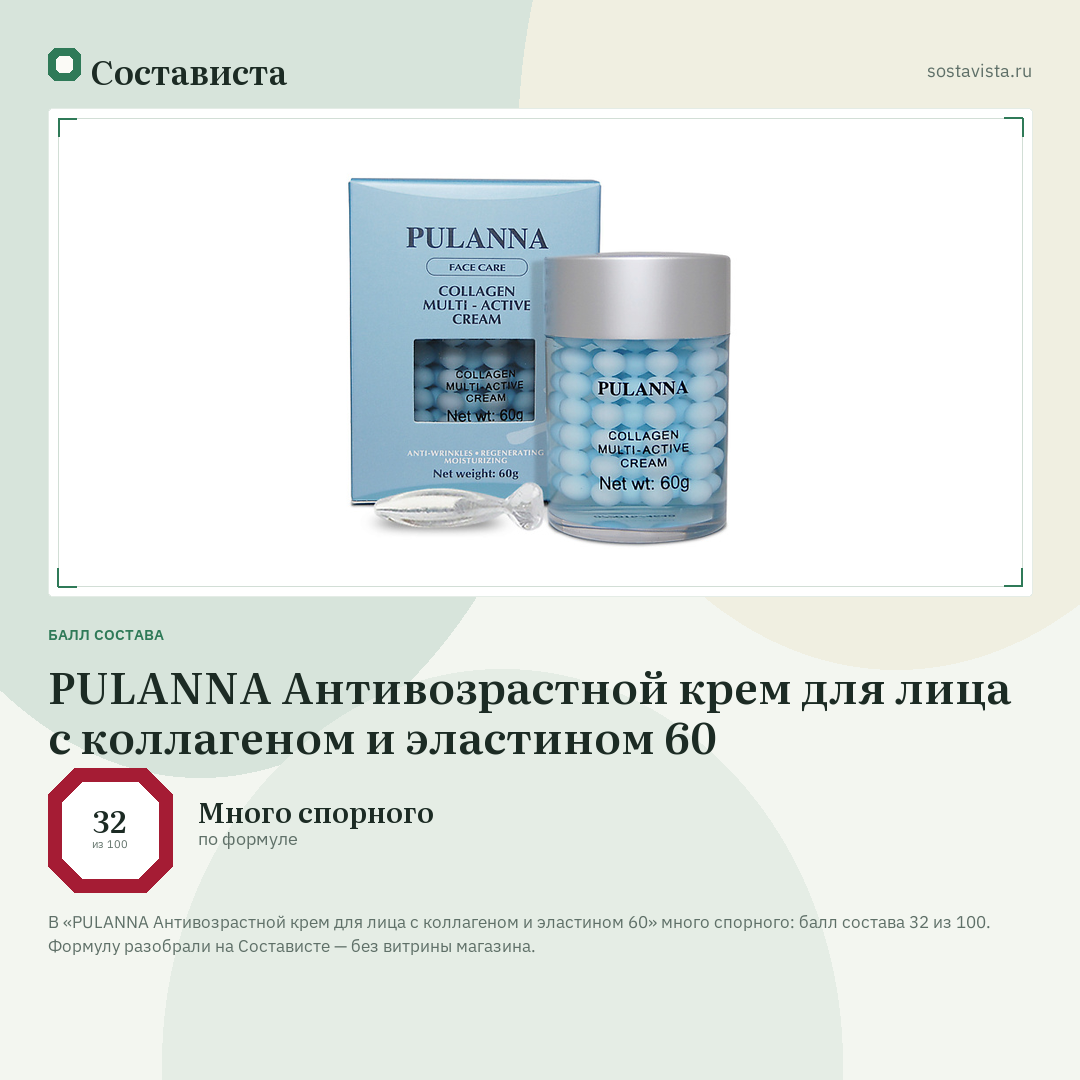 PULANNA Антивозрастной крем для лица с коллагеном и эластином 60: балл состава 32 из 100 — Состависта