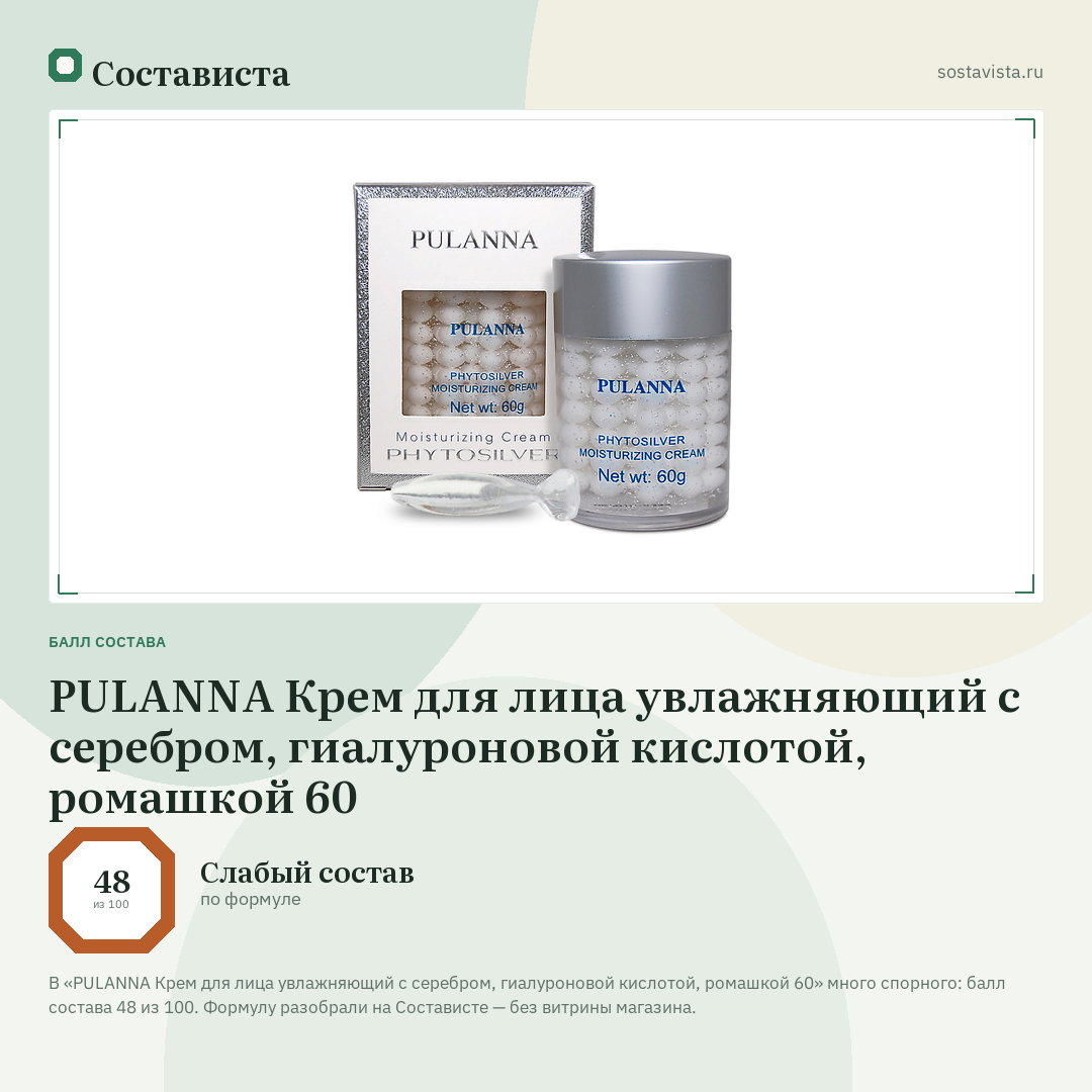 PULANNA Крем для лица увлажняющий с серебром, гиалуроновой кислотой, ромашкой 60: балл состава 48 из 100 — Состависта