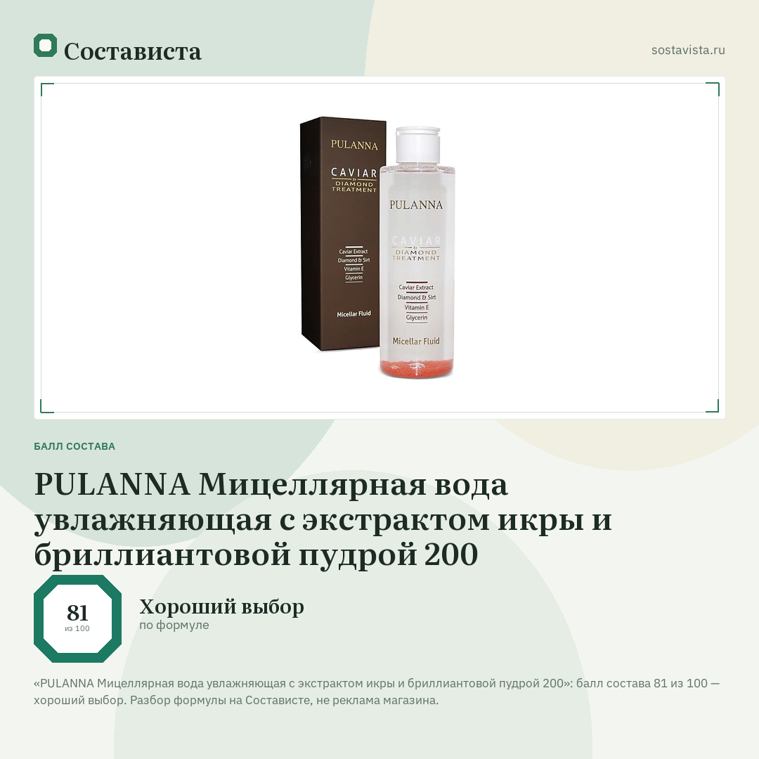 PULANNA Мицеллярная вода увлажняющая с экстрактом икры и бриллиантовой пудрой 200: балл состава 81 из 100 — Состависта