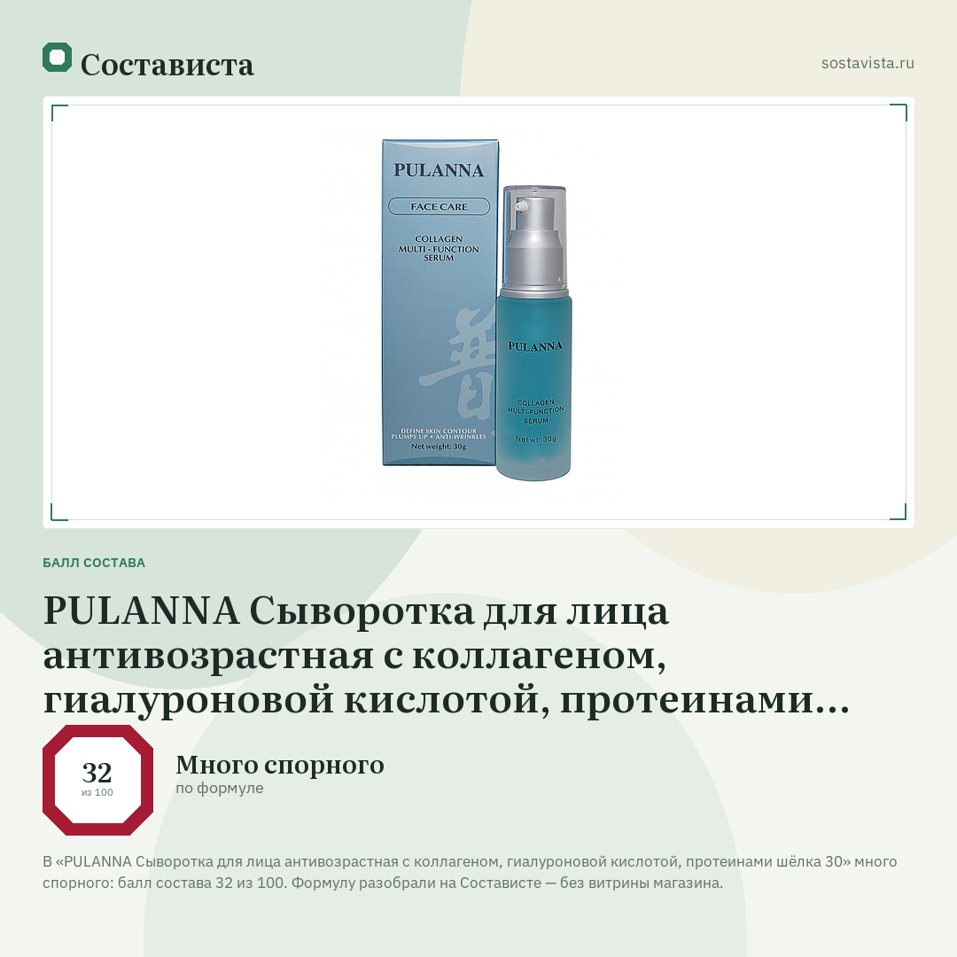 PULANNA Сыворотка для лица антивозрастная с коллагеном, гиалуроновой кислотой, протеинами шёлка 30: балл состава 32 из 100 — Состависта