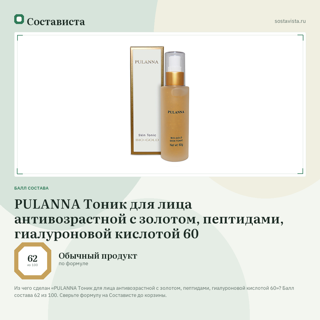 PULANNA Тоник для лица антивозрастной с золотом, пептидами, гиалуроновой кислотой 60: балл состава 62 из 100 — Состависта
