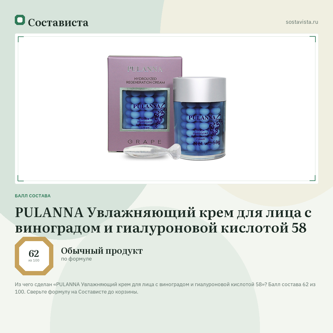PULANNA Увлажняющий крем для лица с виноградом и гиалуроновой кислотой 58: балл состава 62 из 100 — Состависта