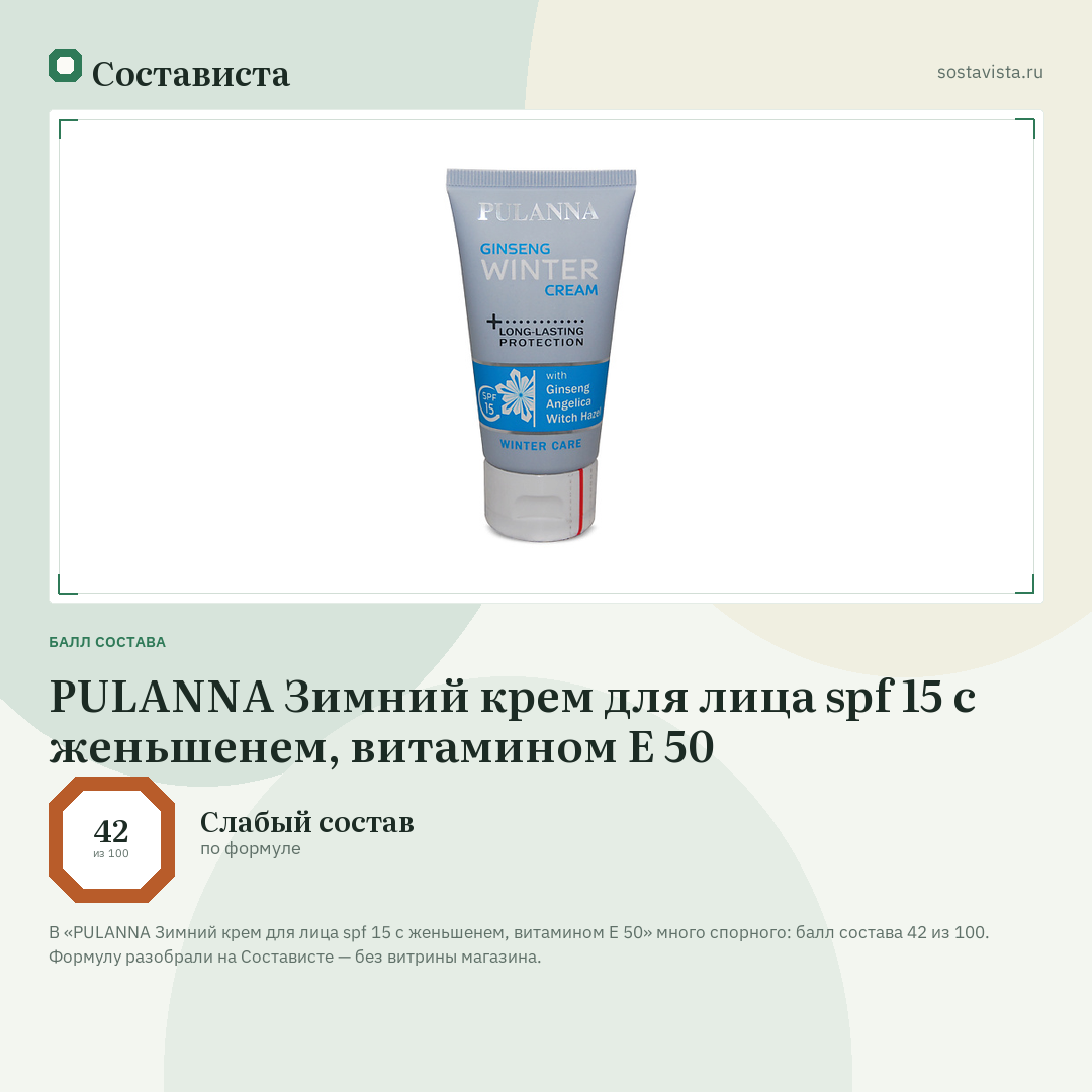 PULANNA Зимний крем для лица spf 15 с женьшенем, витамином Е 50: балл состава 42 из 100 — Состависта