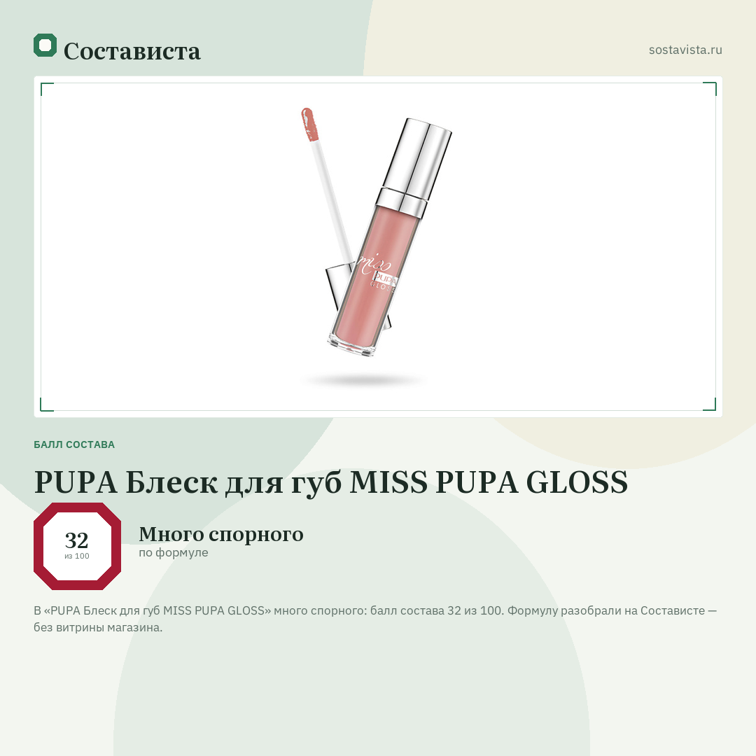 PUPA Блеск для губ MISS PUPA GLOSS: балл состава 32 из 100 — Состависта
