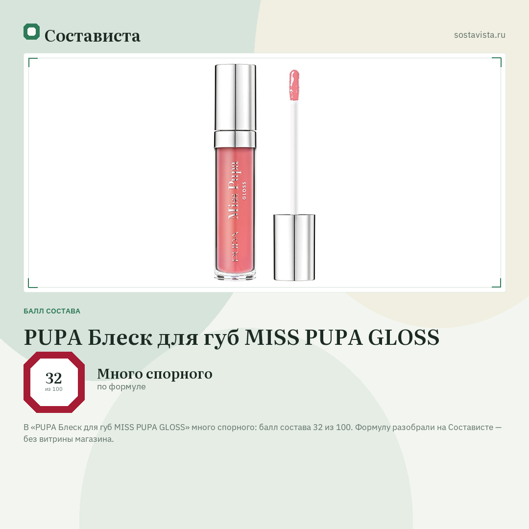 PUPA Блеск для губ MISS PUPA GLOSS: балл состава 32 из 100 — Состависта
