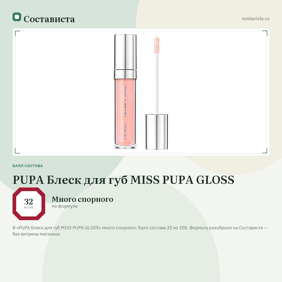PUPA Блеск для губ MISS PUPA GLOSS: балл состава 32 из 100 — Состависта