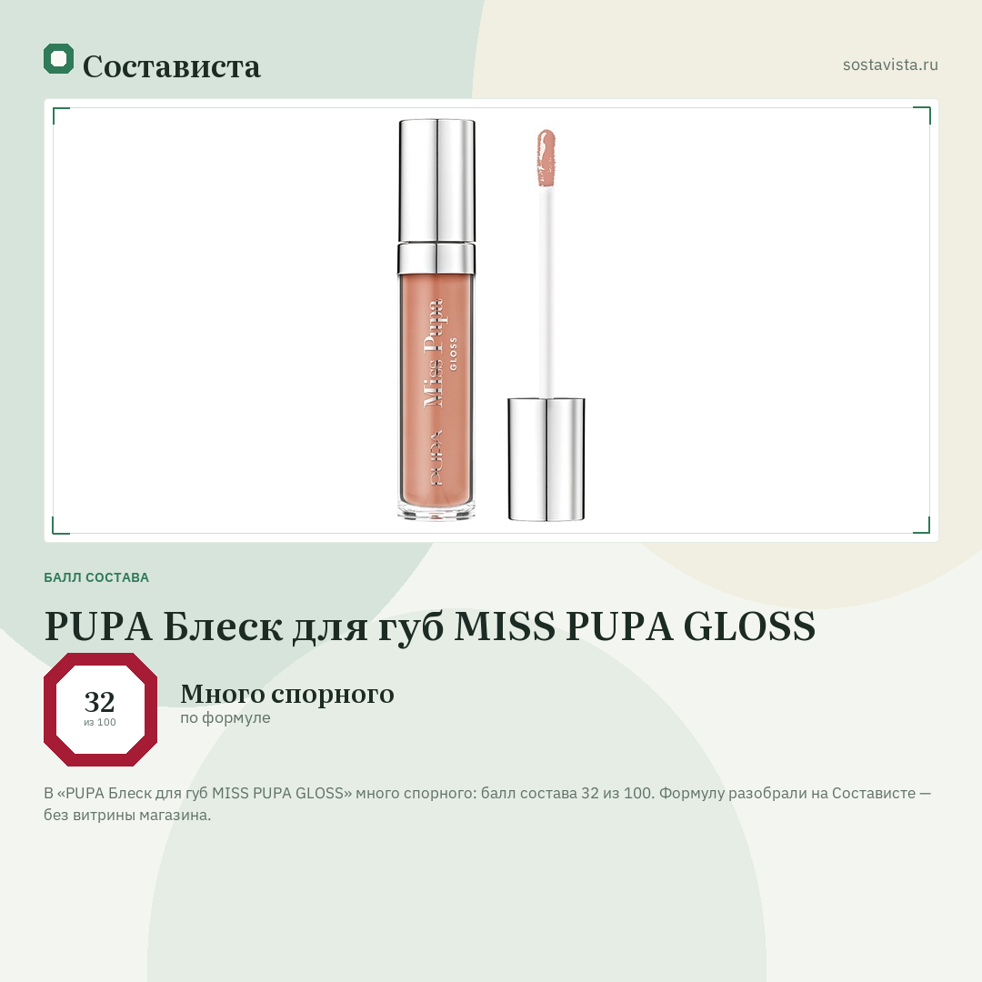 PUPA Блеск для губ MISS PUPA GLOSS: балл состава 32 из 100 — Состависта