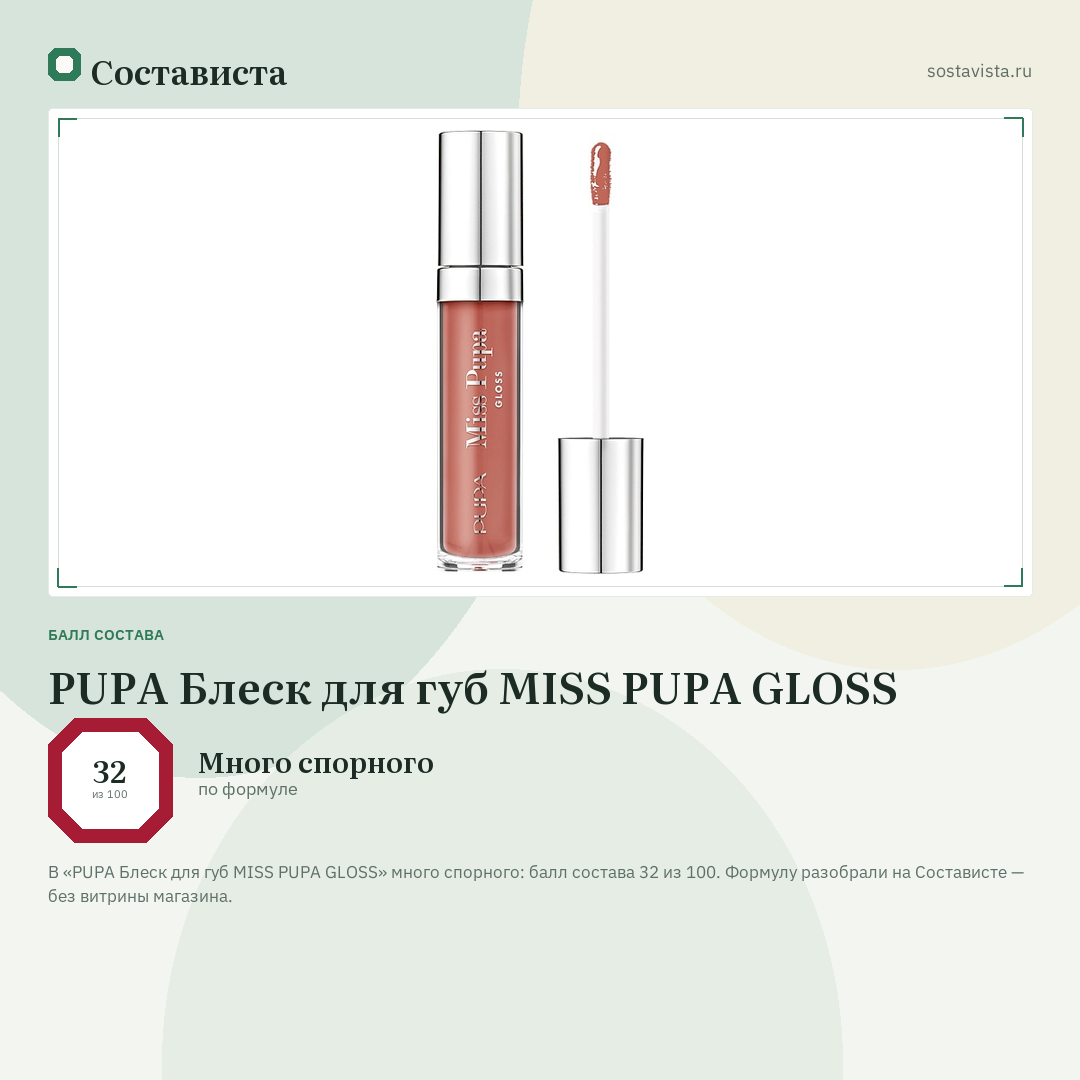 PUPA Блеск для губ MISS PUPA GLOSS: балл состава 32 из 100 — Состависта