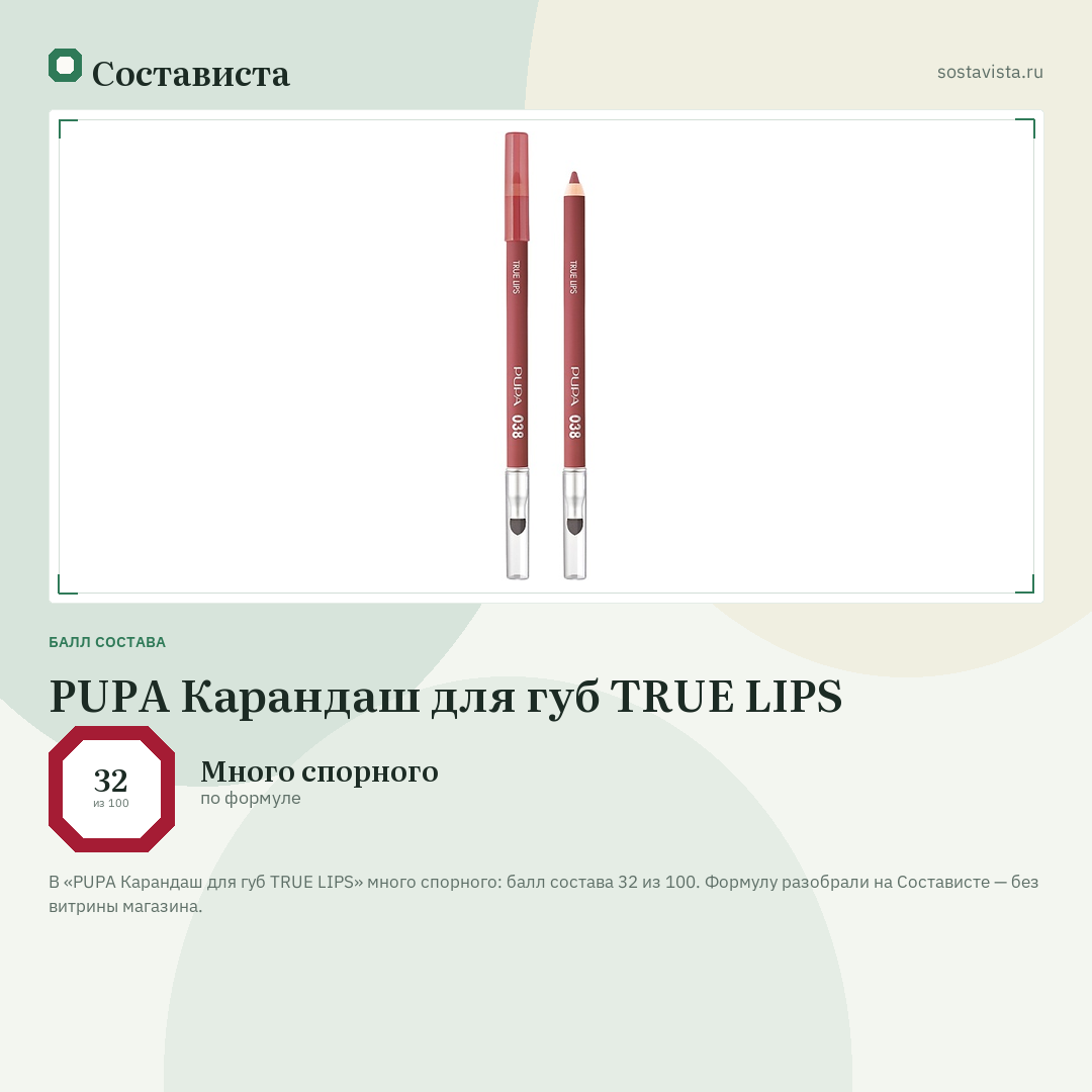 PUPA Карандаш для губ TRUE LIPS: балл состава 32 из 100 — Состависта