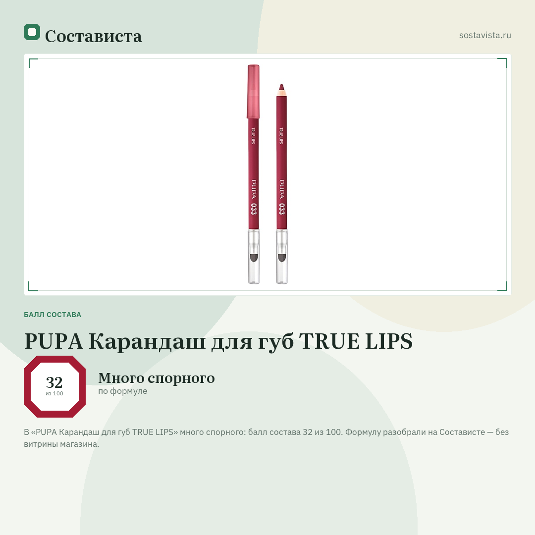 PUPA Карандаш для губ TRUE LIPS: балл состава 32 из 100 — Состависта