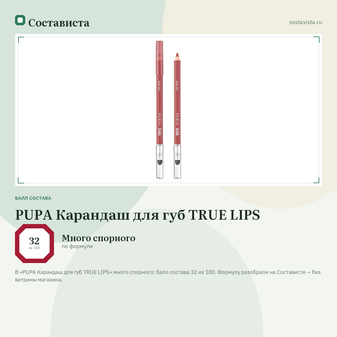 PUPA Карандаш для губ TRUE LIPS: балл состава 32 из 100 — Состависта