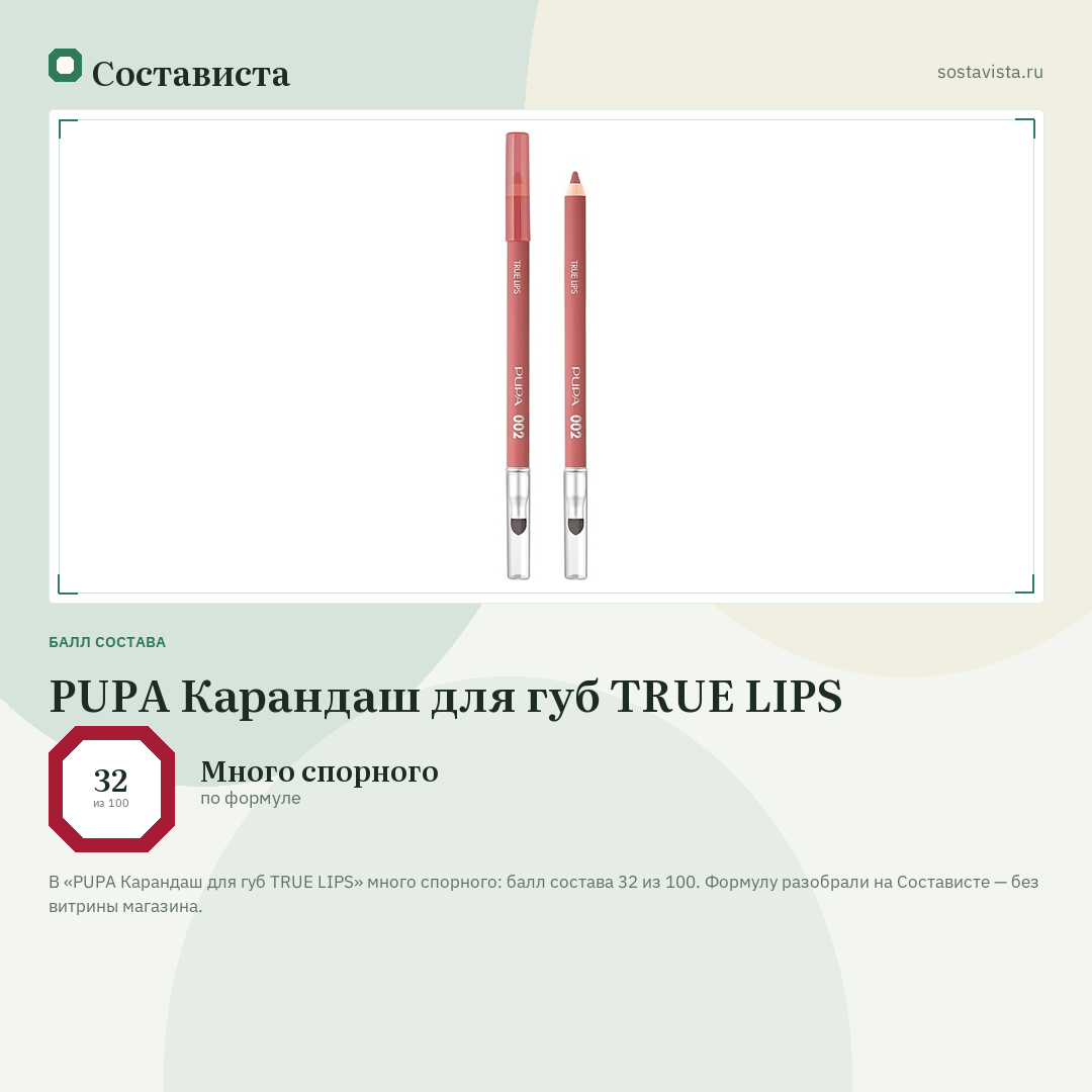 PUPA Карандаш для губ TRUE LIPS: балл состава 32 из 100 — Состависта