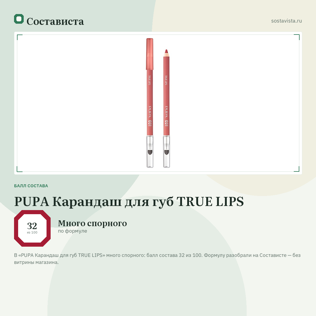 PUPA Карандаш для губ TRUE LIPS: балл состава 32 из 100 — Состависта