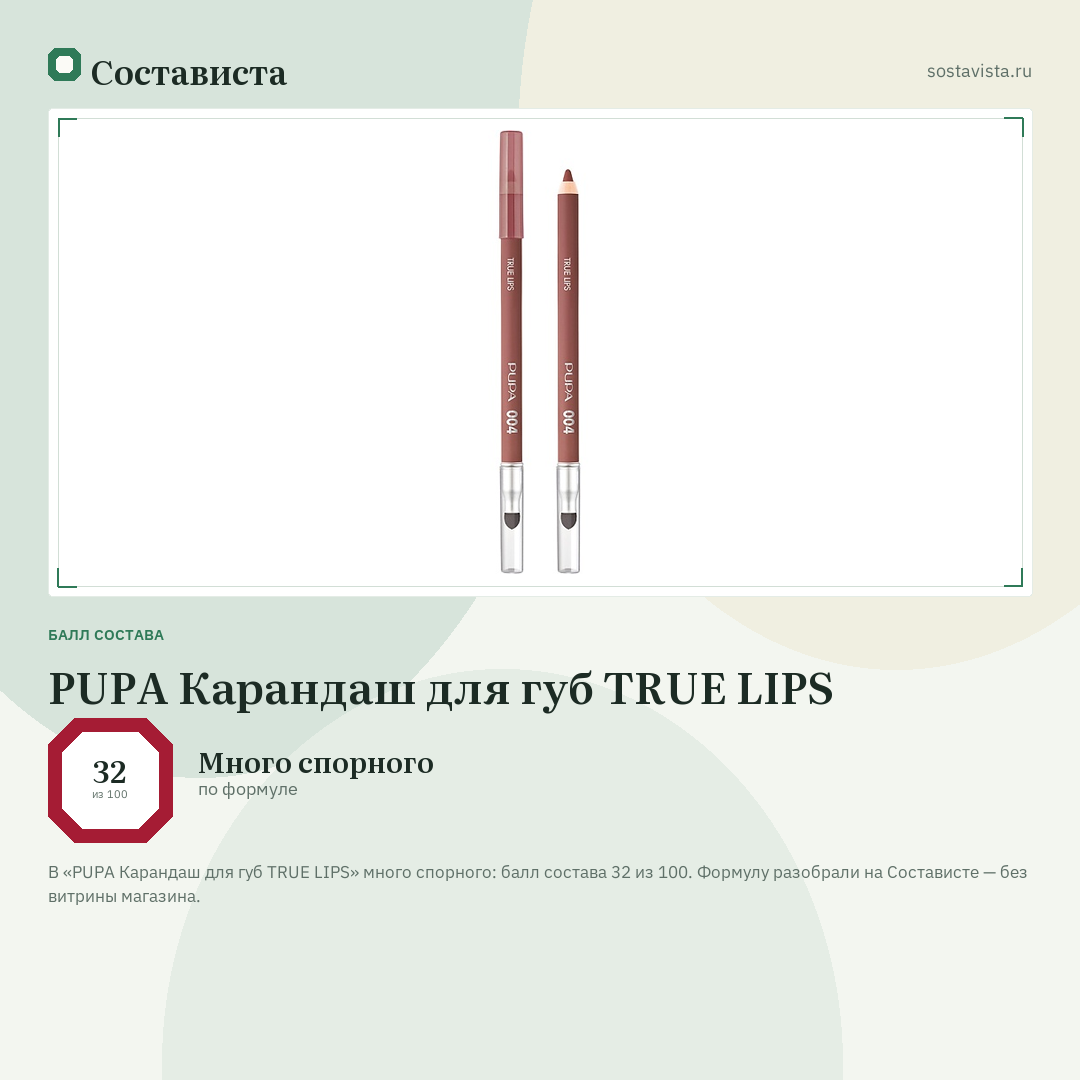 PUPA Карандаш для губ TRUE LIPS: балл состава 32 из 100 — Состависта