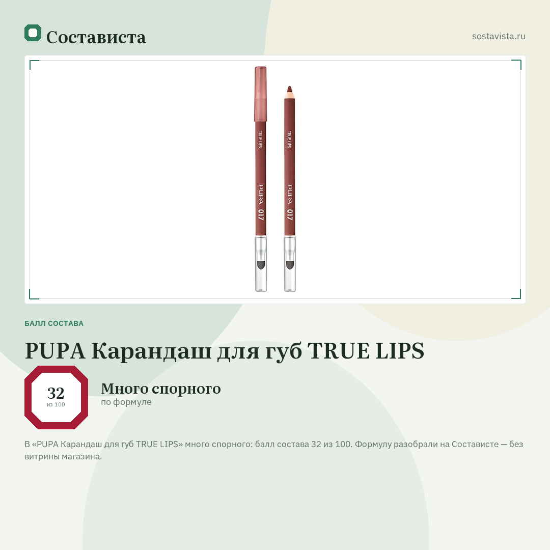 PUPA Карандаш для губ TRUE LIPS: балл состава 32 из 100 — Состависта