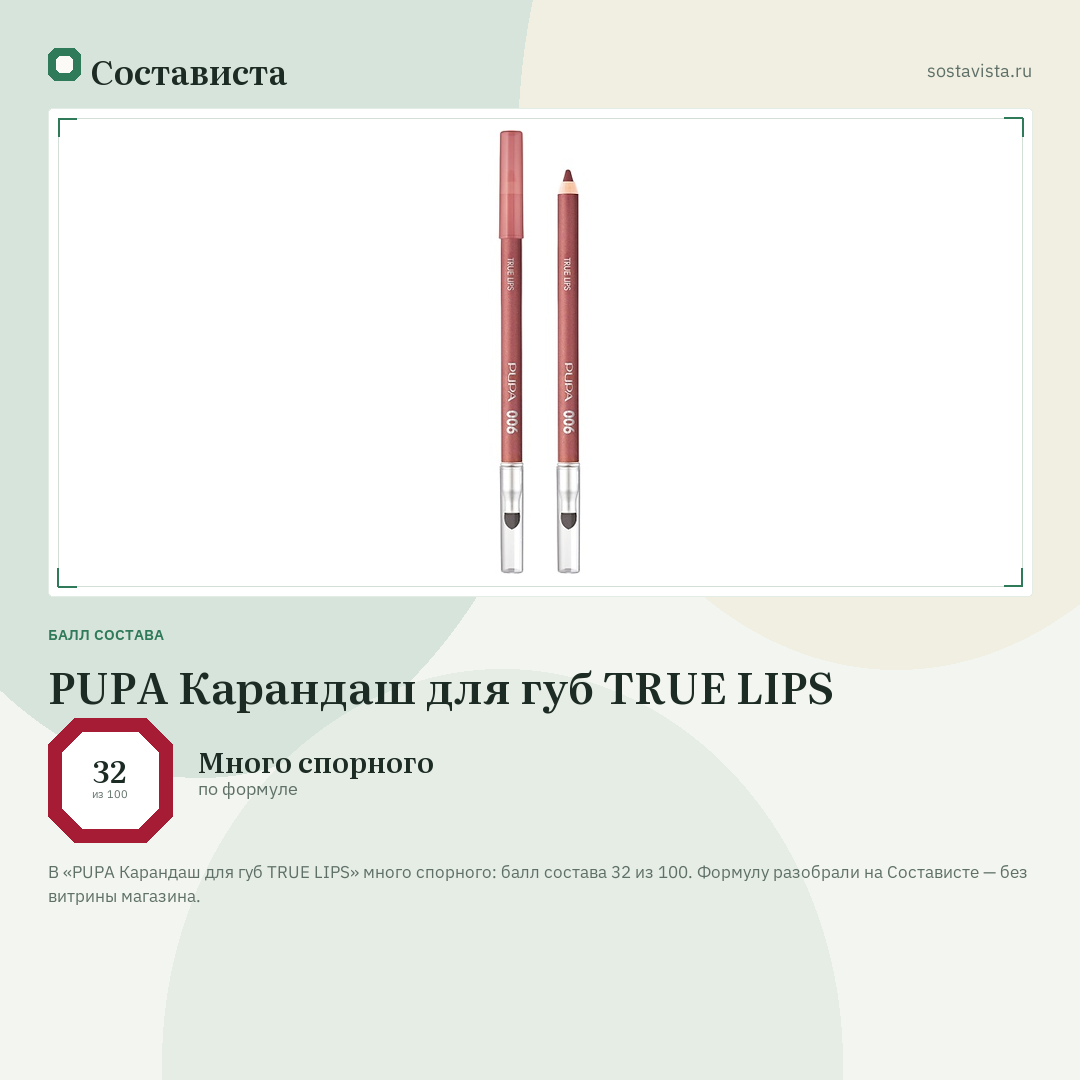 PUPA Карандаш для губ TRUE LIPS: балл состава 32 из 100 — Состависта
