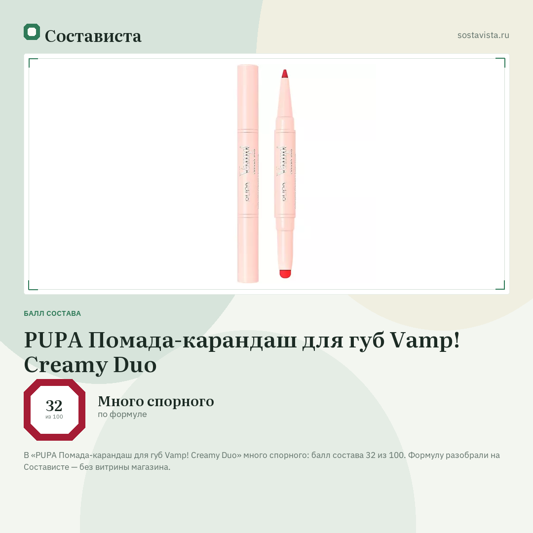 PUPA Помада-карандаш для губ Vamp! Creamy Duo: балл состава 32 из 100 — Состависта
