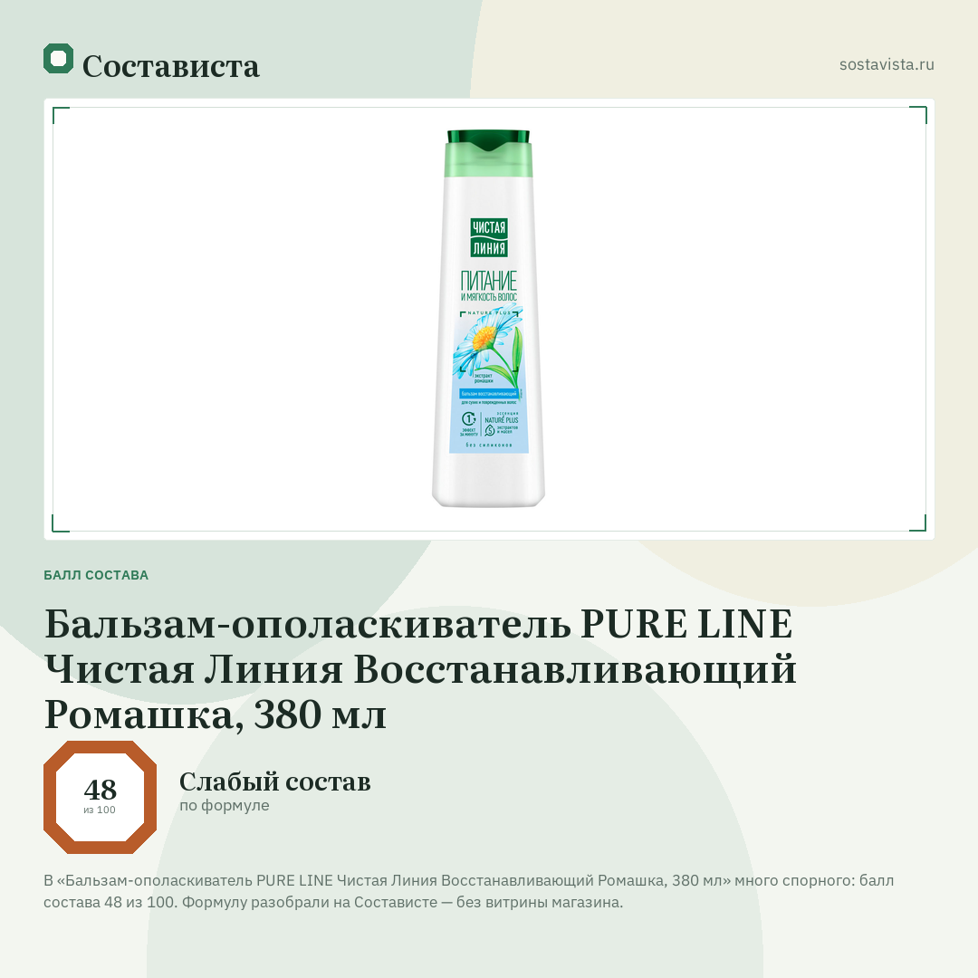 Бальзам-ополаскиватель PURE LINE Чистая Линия Восстанавливающий Ромашка, 380 мл: балл состава 48 из 100 — Состависта