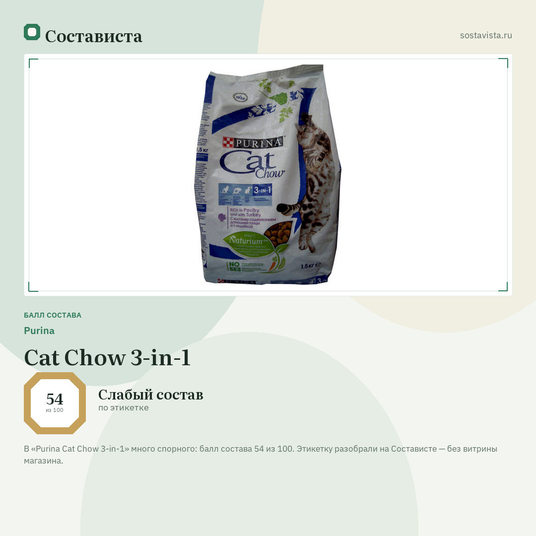 Purina Cat Chow 3-in-1: балл состава 54 из 100 — Состависта