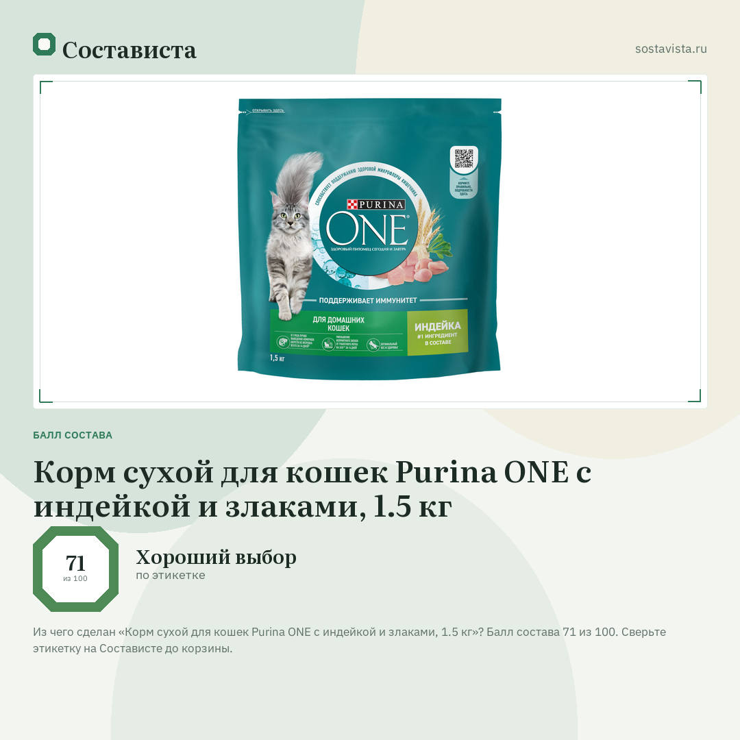 Корм сухой для кошек Purina ONE с индейкой и злаками, 1.5 кг: балл состава 71 из 100 — Состависта
