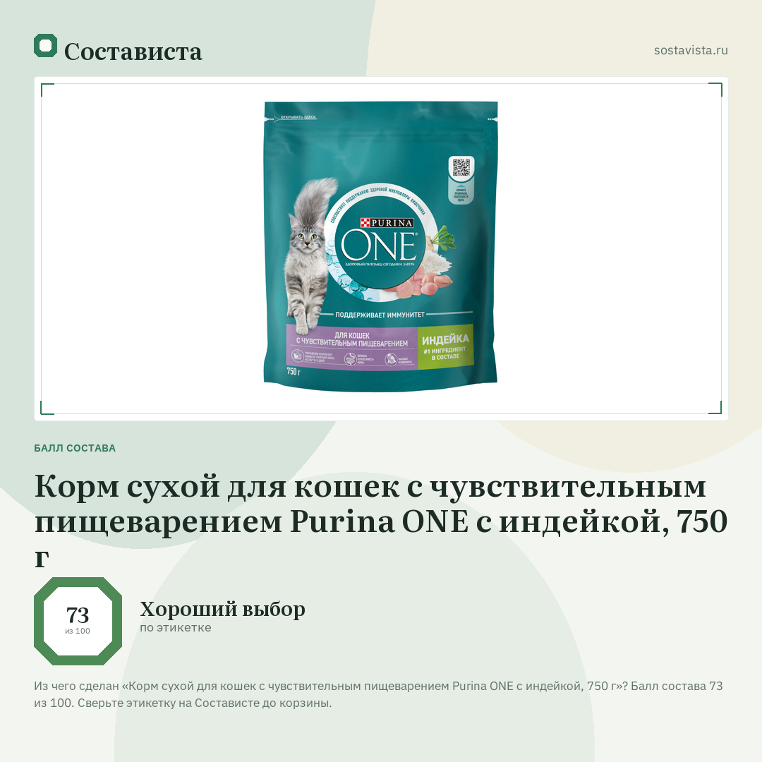 Корм сухой для кошек с чувствительным пищеварением Purina ONE с индейкой, 750 г: балл состава 73 из 100 — Состависта