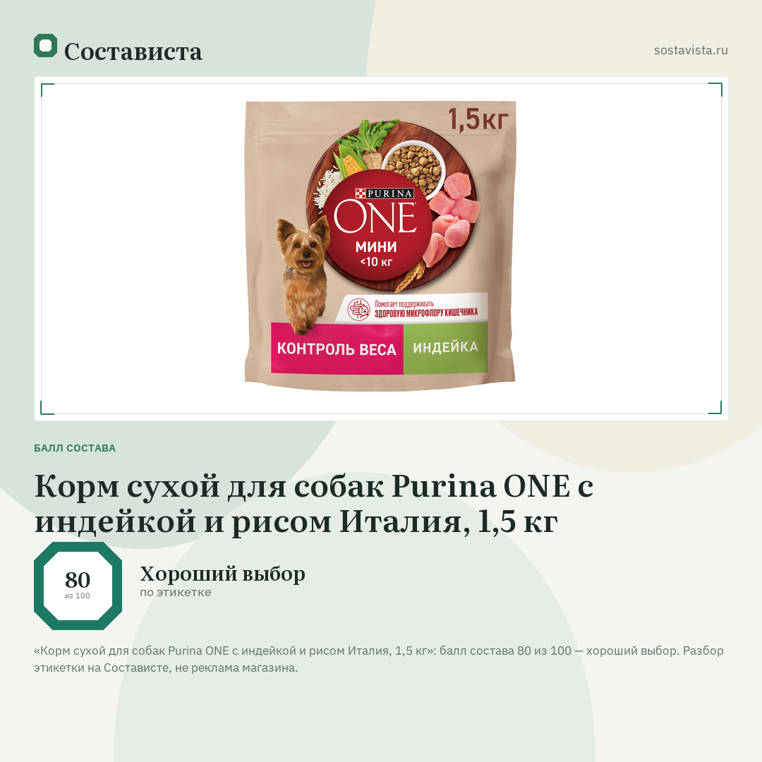 Корм сухой для собак Purina ONE с индейкой и рисом Италия, 1,5 кг: балл состава 80 из 100 — Состависта
