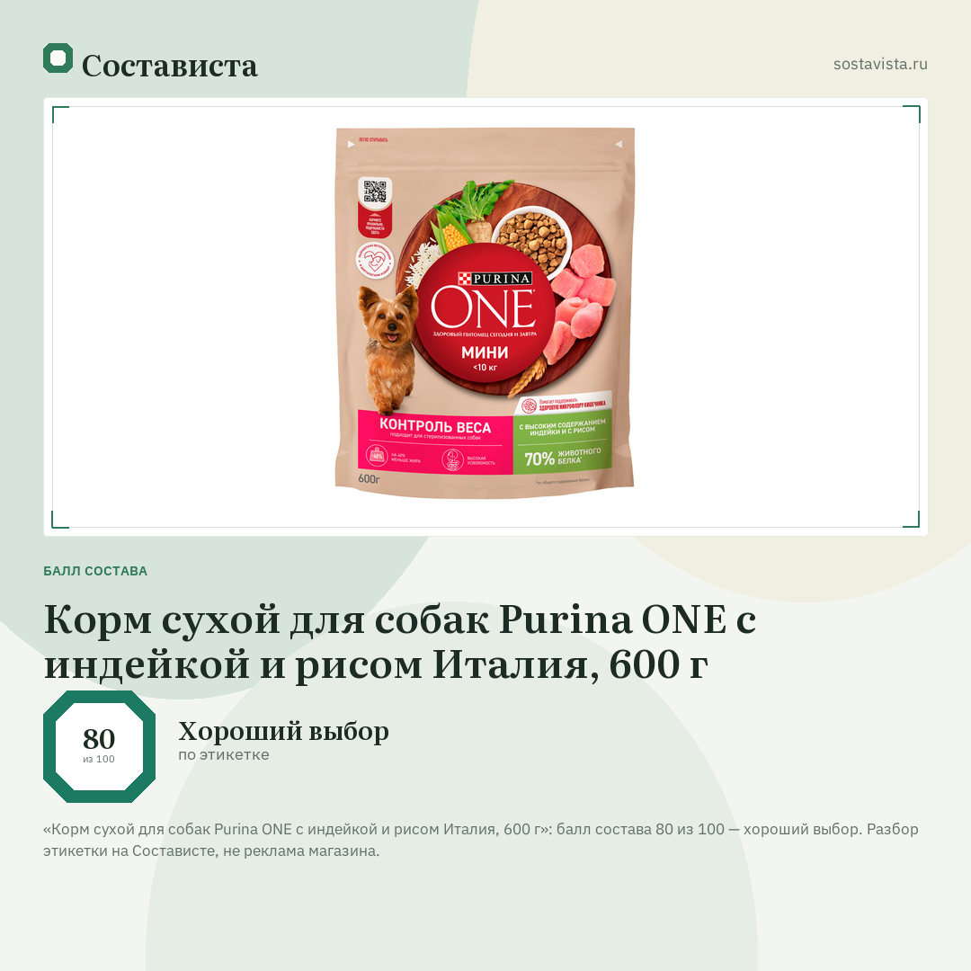 Корм сухой для собак Purina ONE с индейкой и рисом Италия, 600 г: балл состава 80 из 100 — Состависта