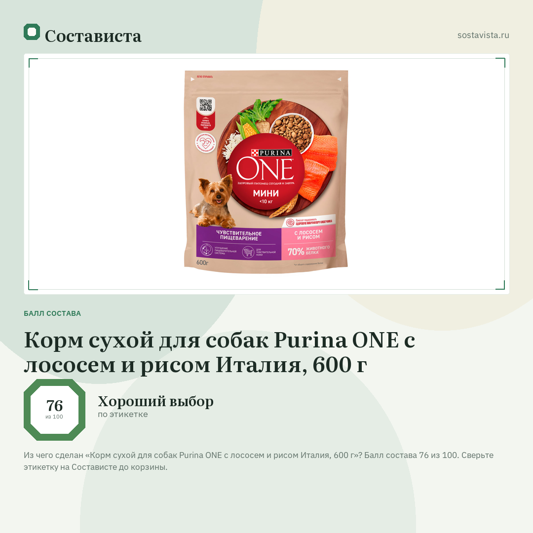 Корм сухой для собак Purina ONE с лососем и рисом Италия, 600 г: балл состава 76 из 100 — Состависта