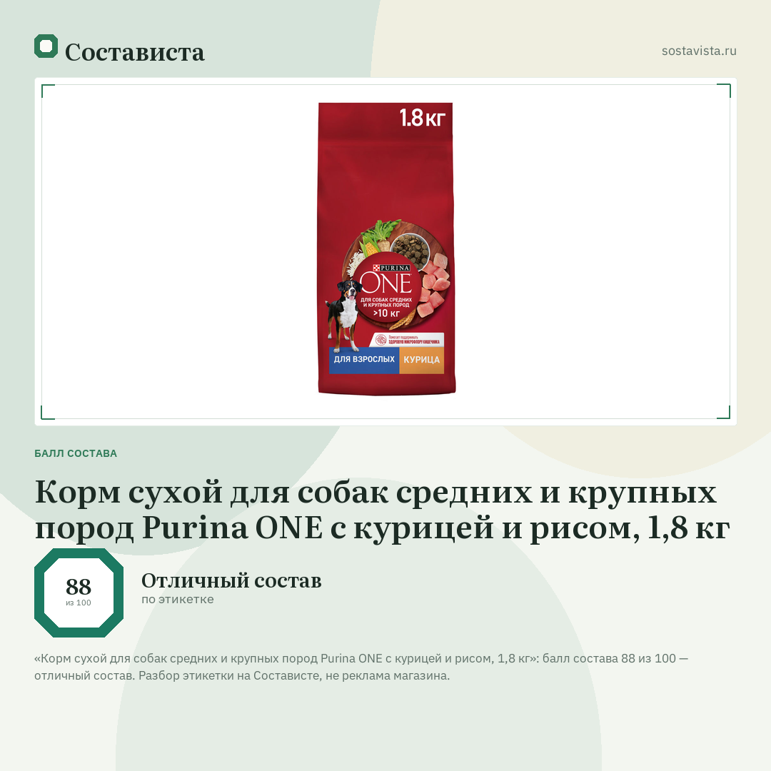 Корм сухой для собак средних и крупных пород Purina ONE с курицей и рисом, 1,8 кг: балл состава 88 из 100 — Состависта