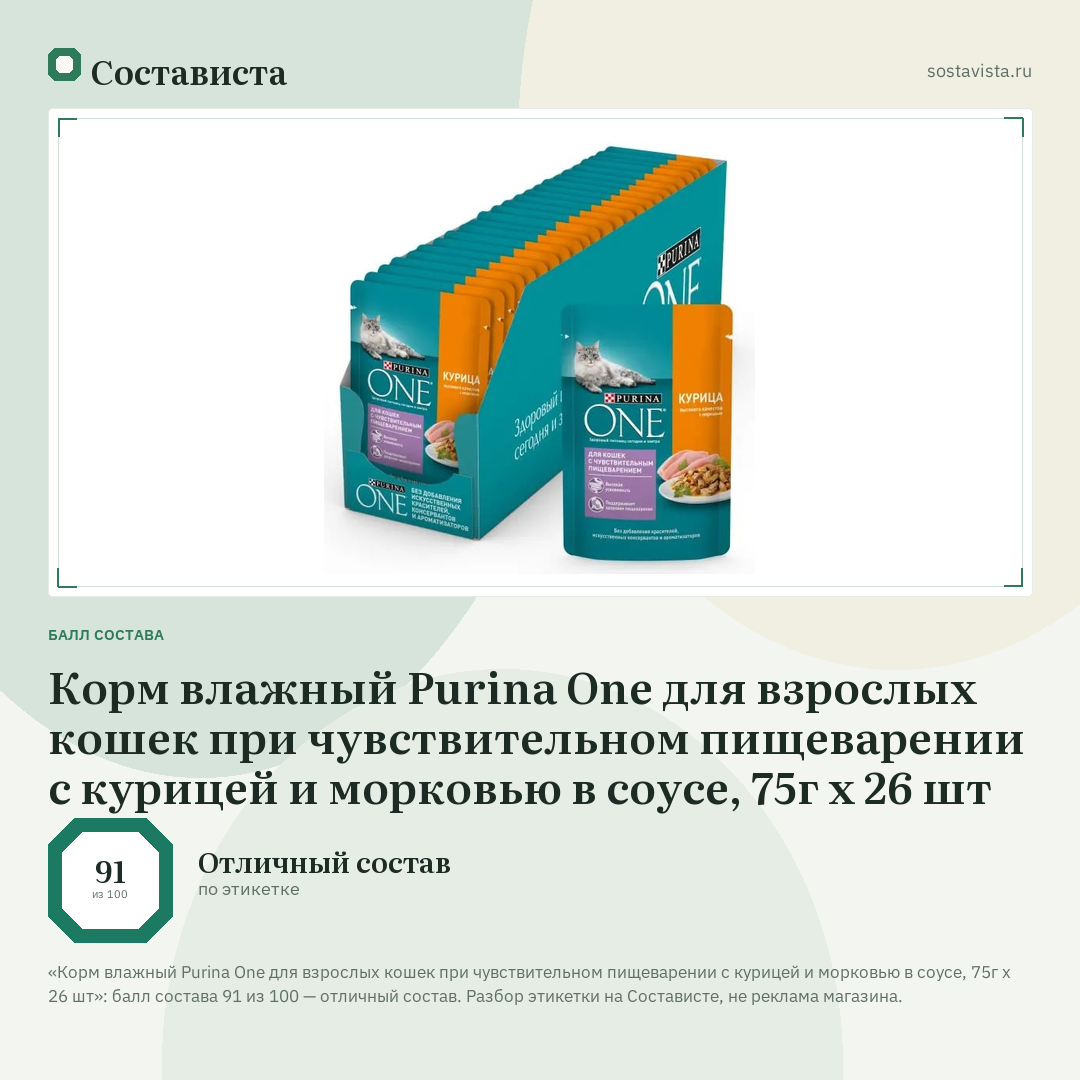 Корм влажный Purina One для взрослых кошек при чувствительном пищеварении с курицей и морковью в соусе, 75г х 26 шт: балл состава 91 из 100 — Состависта
