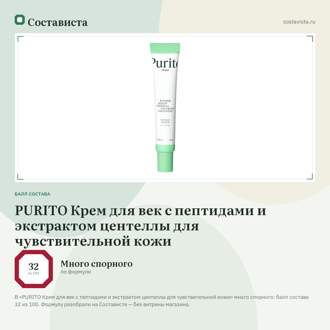 PURITO Крем для век с пептидами и экстрактом центеллы для чувствительной кожи: балл состава 32 из 100 — Состависта