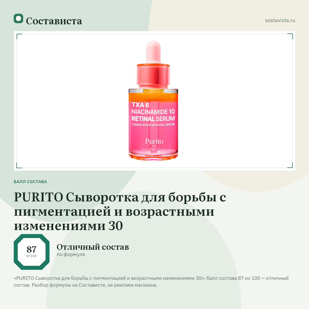 PURITO Сыворотка для борьбы с пигментацией и возрастными изменениями 30: балл состава 87 из 100 — Состависта
