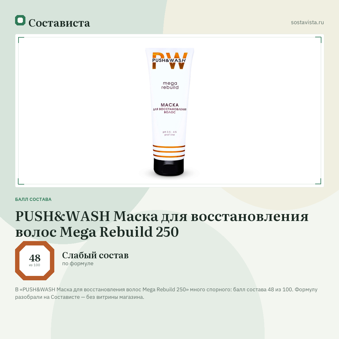 PUSH&WASH Маска для восстановления волос Mega Rebuild 250: балл состава 48 из 100 — Состависта
