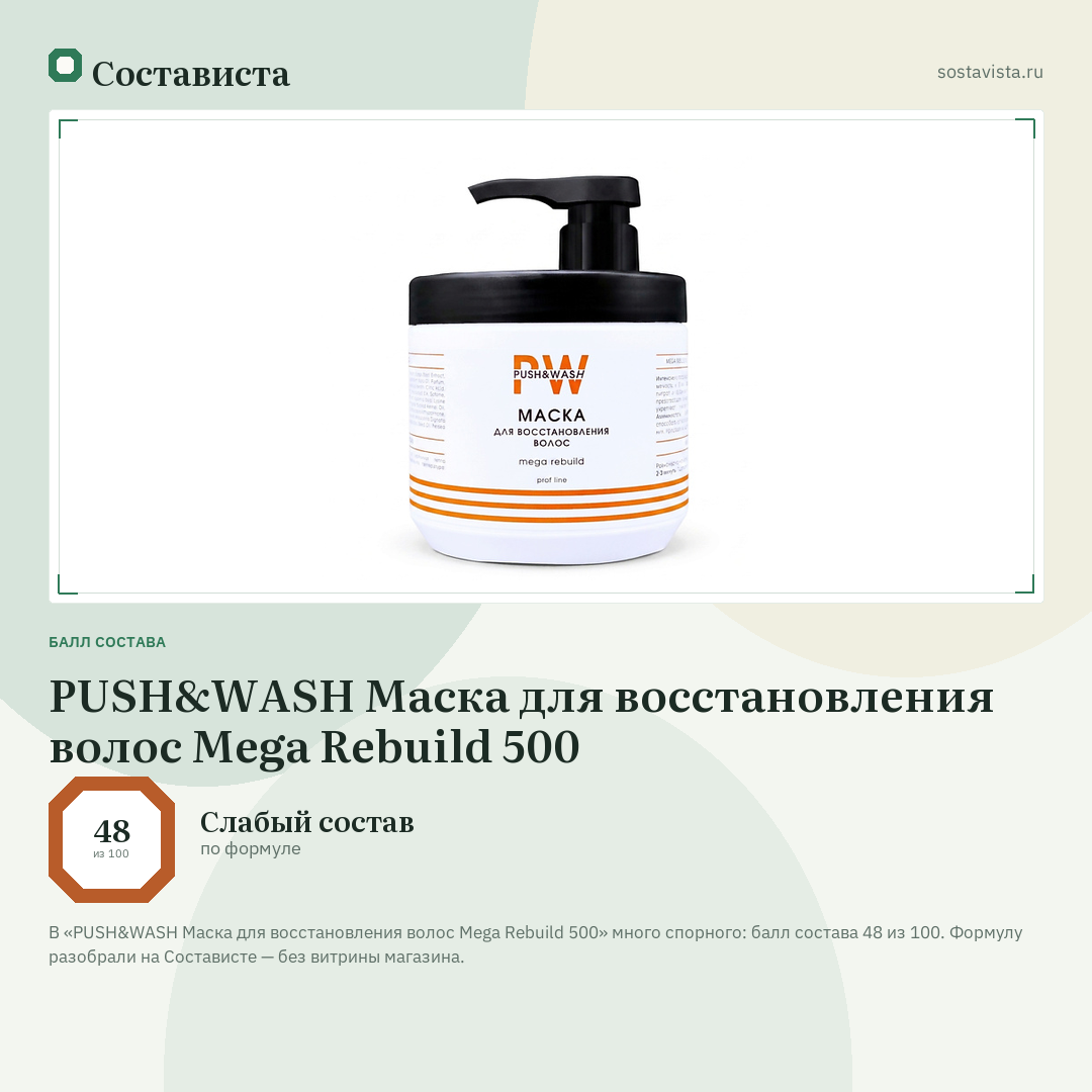 PUSH&WASH Маска для восстановления волос Mega Rebuild 500: балл состава 48 из 100 — Состависта