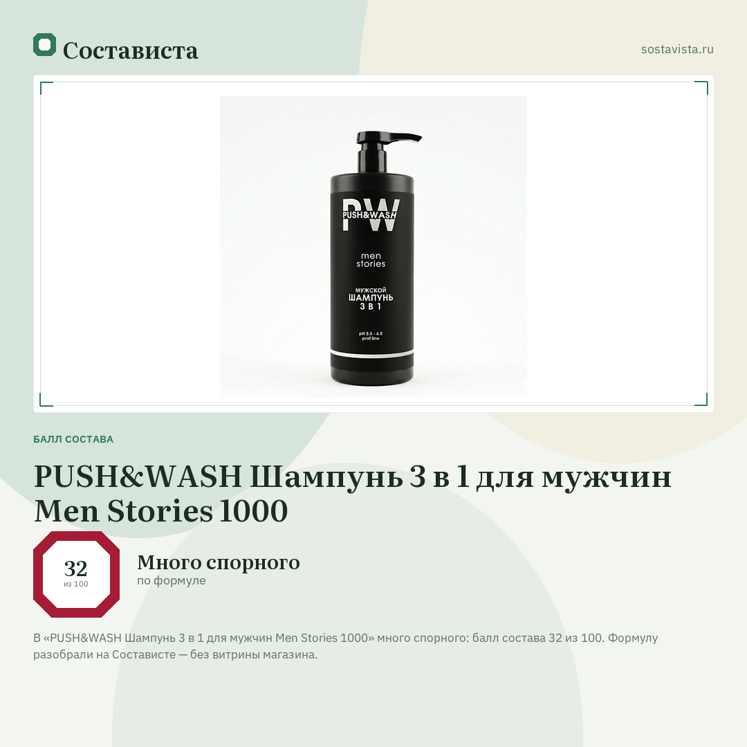 PUSH&WASH Шампунь 3 в 1 для мужчин Men Stories 1000: балл состава 32 из 100 — Состависта