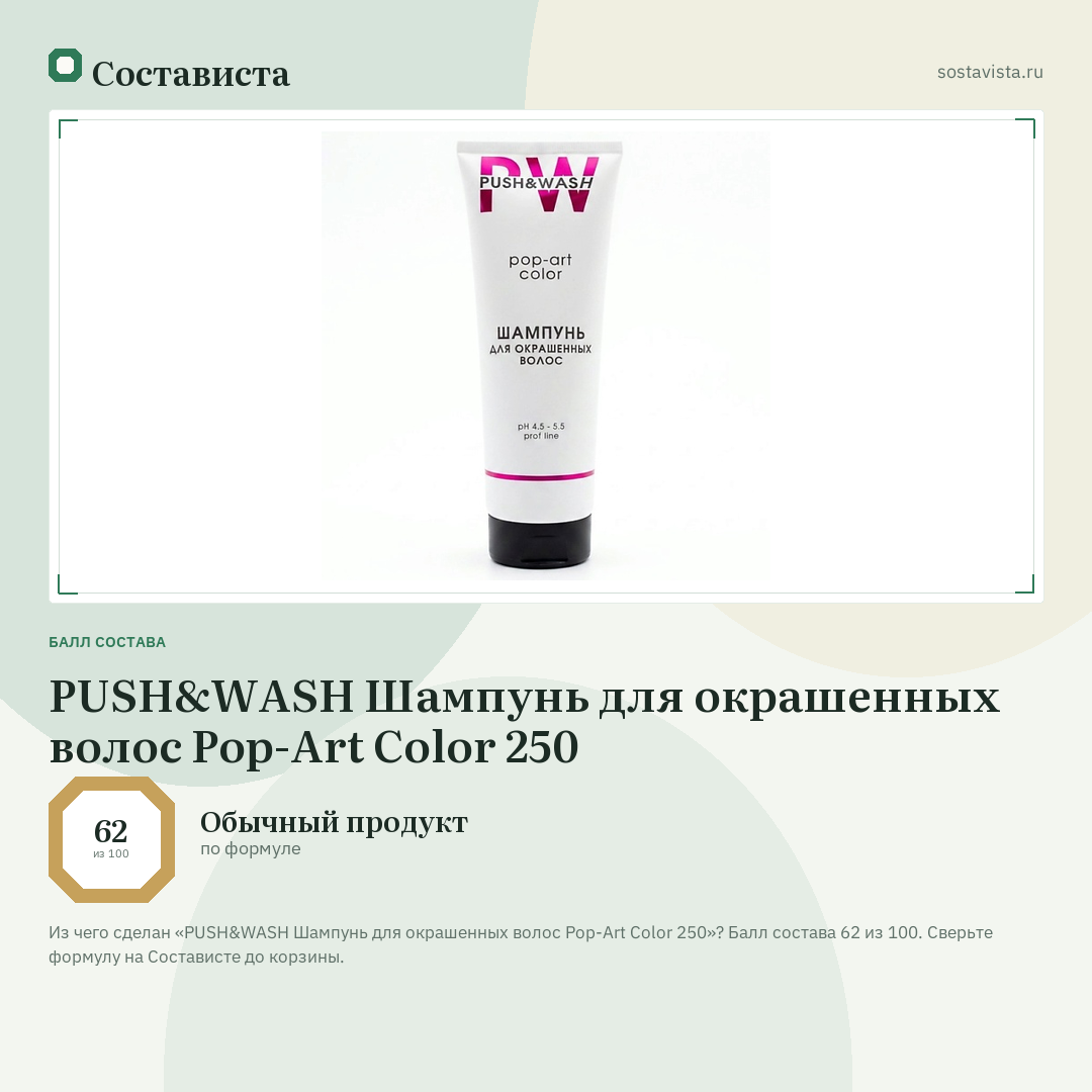 PUSH&WASH Шампунь для окрашенных волос Pop-Art Color 250: балл состава 62 из 100 — Состависта