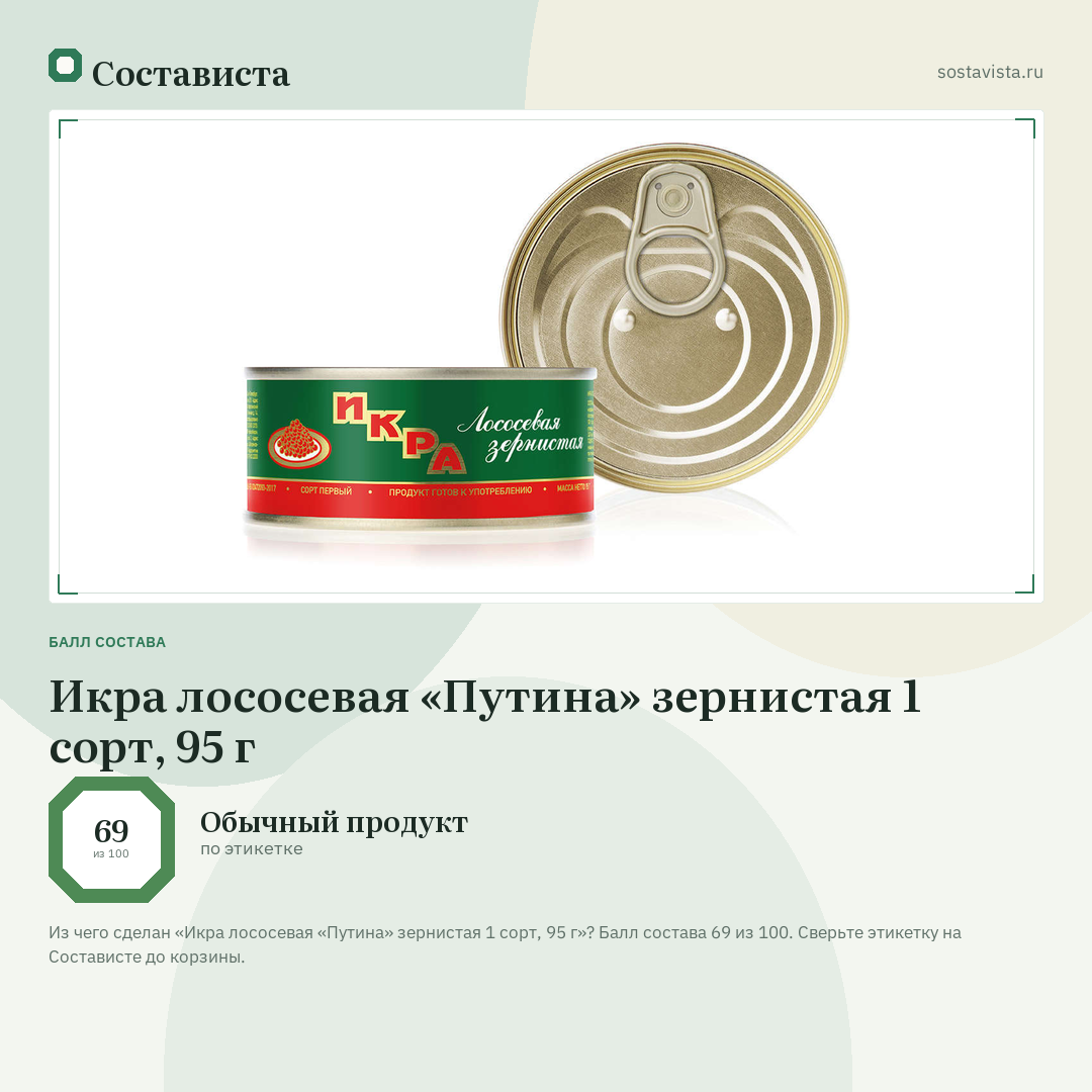 Икра лососевая «Путина» зернистая 1 сорт, 95 г: балл состава 69 из 100 — Состависта