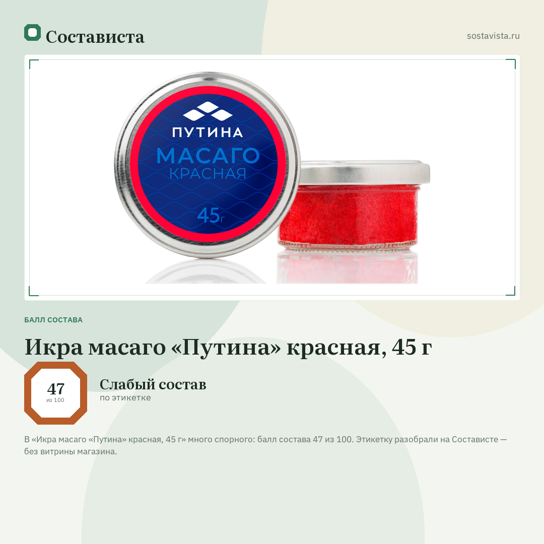 Икра масаго «Путина» красная, 45 г: балл состава 47 из 100 — Состависта
