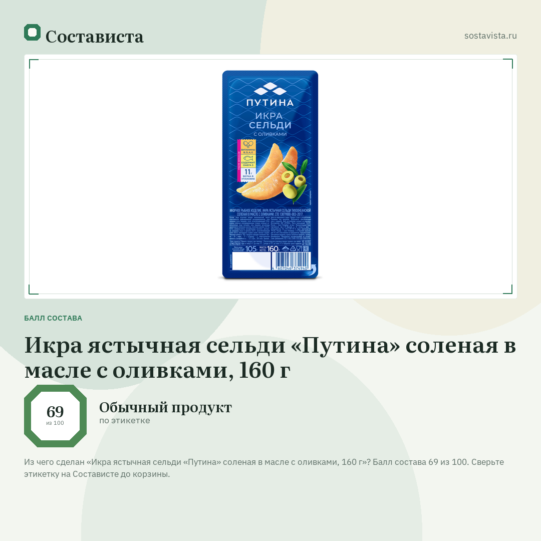 Икра ястычная сельди «Путина» соленая в масле с оливками, 160 г: балл состава 69 из 100 — Состависта