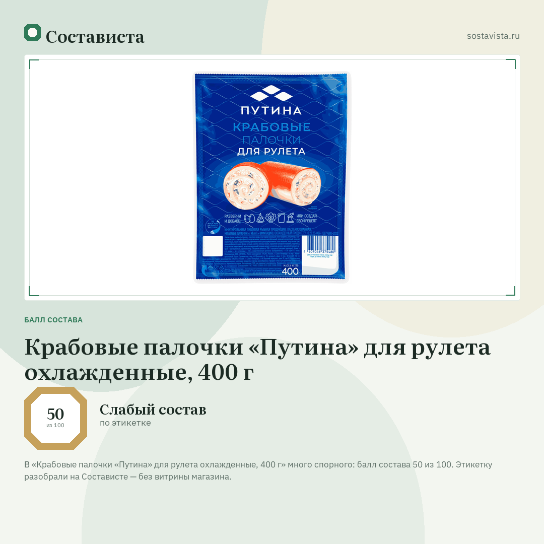 Крабовые палочки «Путина» для рулета охлажденные, 400 г: балл состава 50 из 100 — Состависта