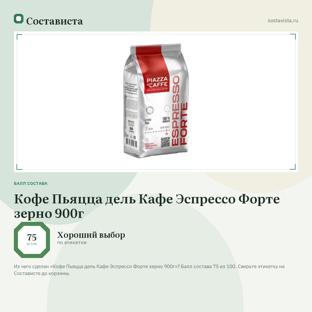 Кофе Пьяцца дель Кафе Эспрессо Форте зерно 900г: балл состава 75 из 100 — Состависта