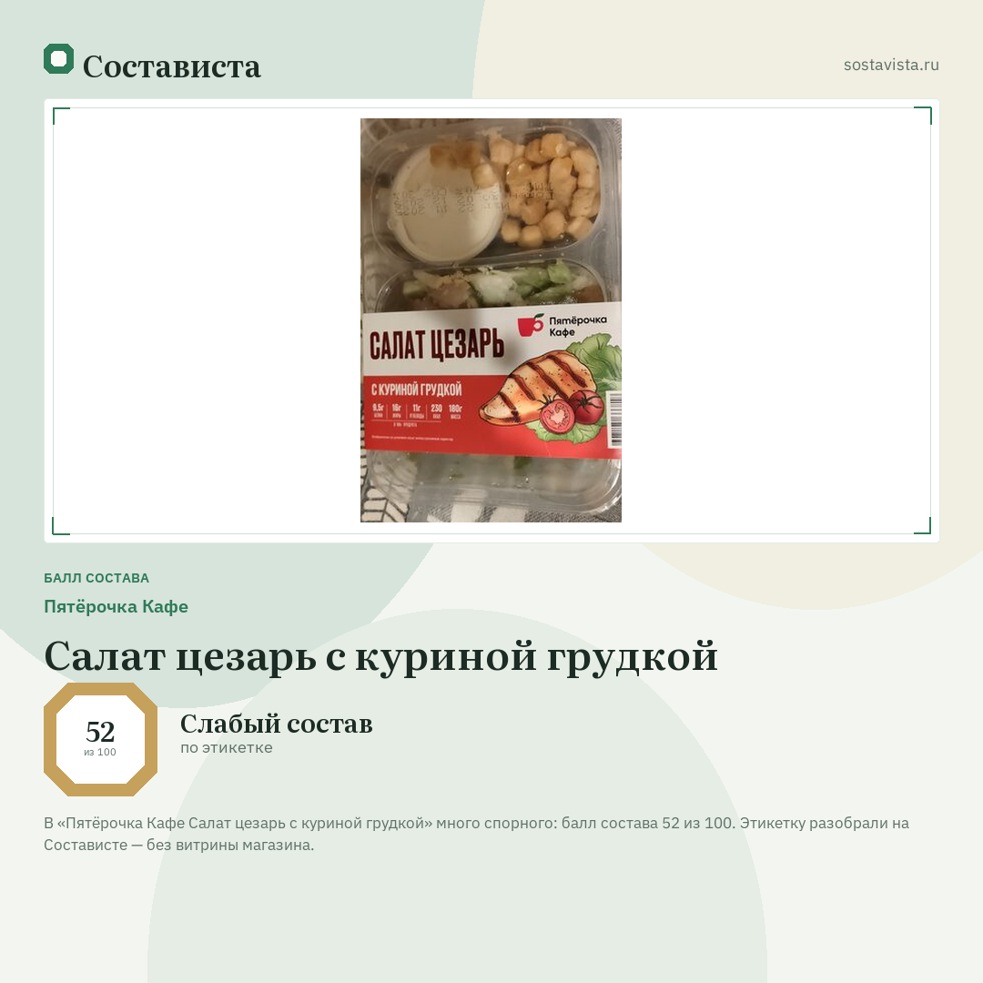 Пятёрочка Кафе Салат цезарь с куриной грудкой: балл состава 52 из 100 — Состависта